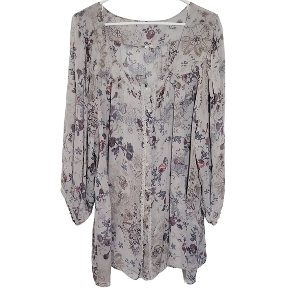 Floral Long-Sleeve Boho Blouse Tunic in Cream